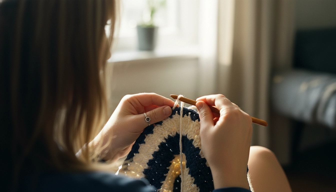 Hands crocheting cream shell stitches with a wooden hook to create ruffles.