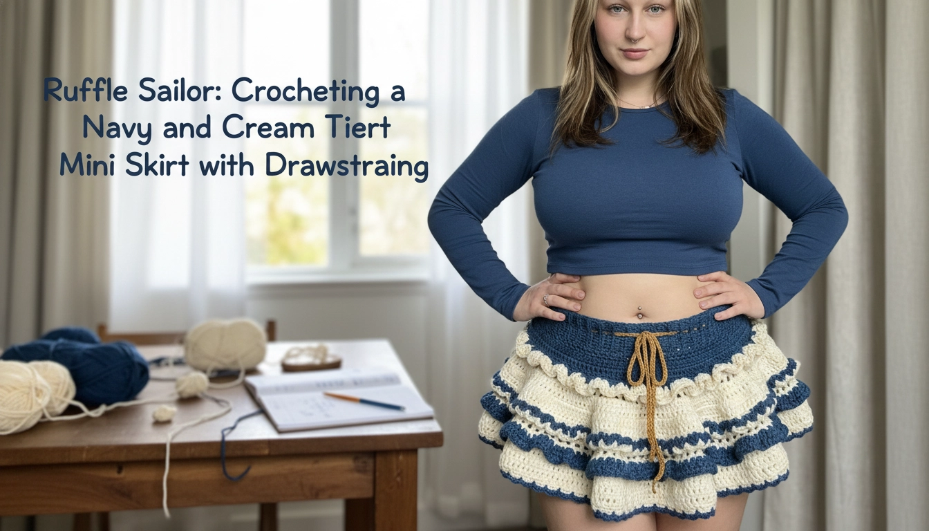 A homemade flat lay of the completed crochet skirt project, showcasing the Ruffle Sailor: Crocheting a Navy and Cream Tiered Ruffle Mini Skirt with Drawstring.