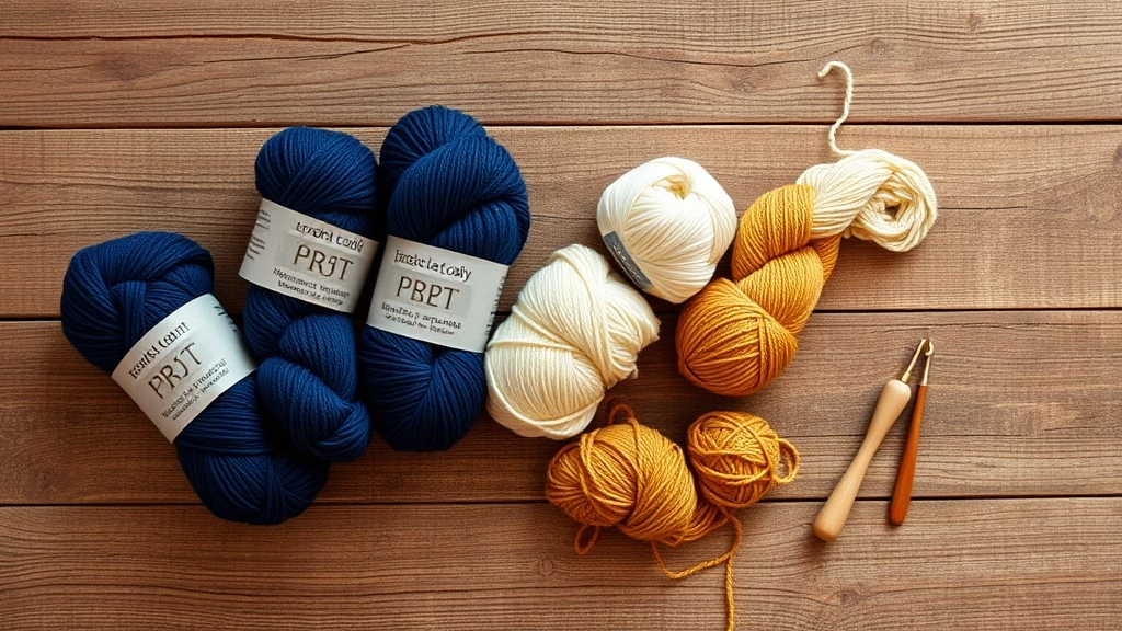 Skeins of navy, cream, and gold sport weight cotton yarn next to crochet hooks.