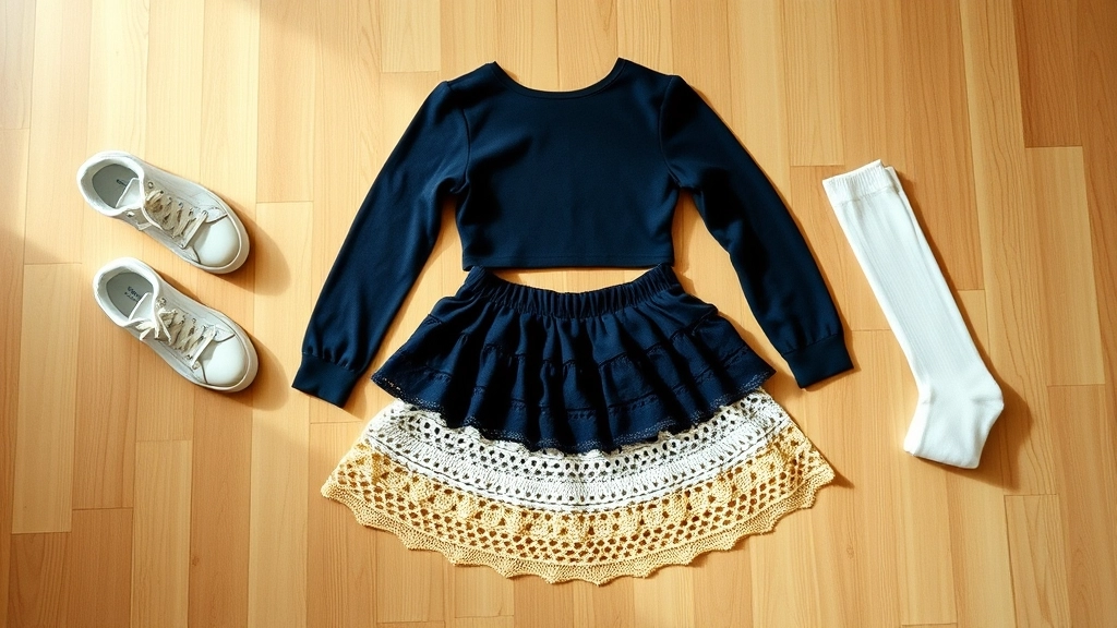 A styled outfit featuring the crochet ruffle sailor skirt paired with a navy crop top and chunky white sneakers.