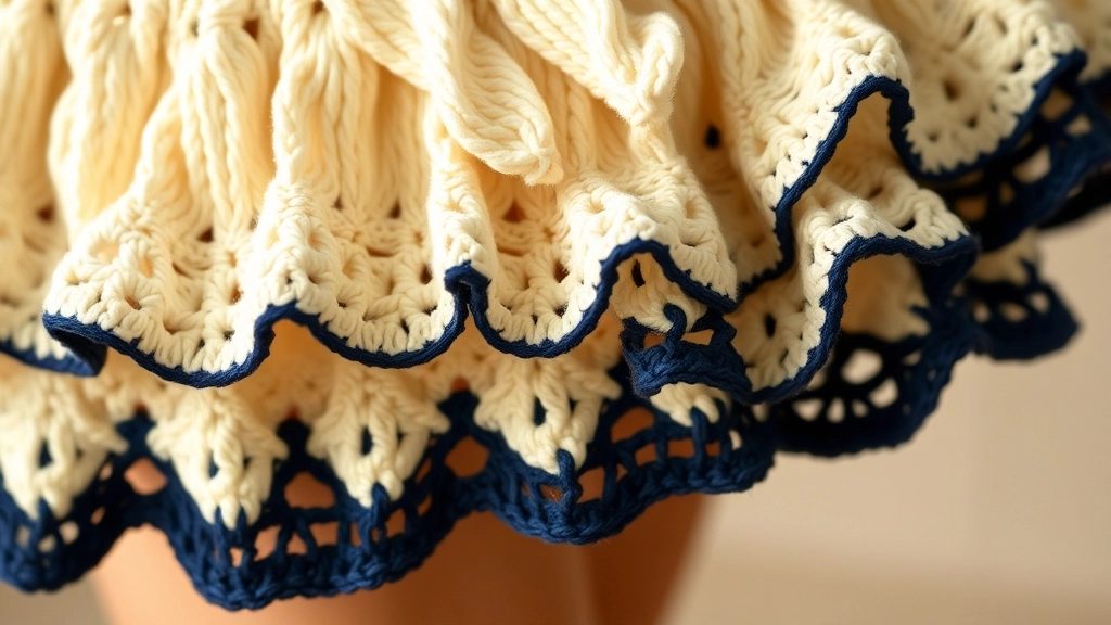 Detailed view of three overlapping crochet ruffle tiers in cream with navy blue borders.