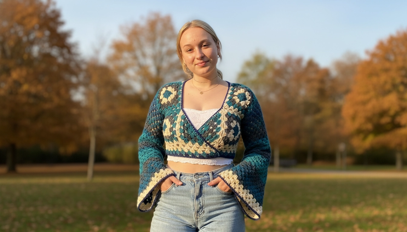 A woman wearing the styled Ivy League Wrap: Styling the Granny Square Bell-Sleeve Cardigan Outdoors with light-wash denim on a crisp autumn day.
