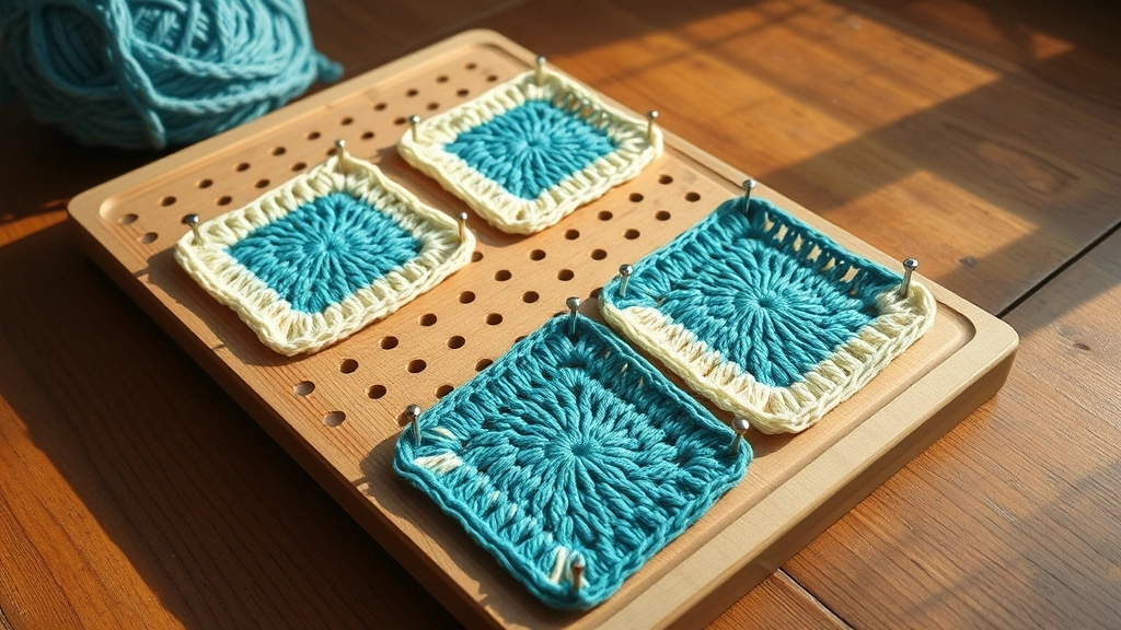 A close-up of teal and cream crochet granny squares pinned to a wooden blocking board to ensure perfect tension.
