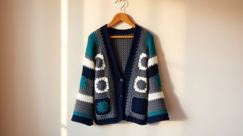 A cozy and structured handmade granny square cardigan worn during a sunny outdoor afternoon.