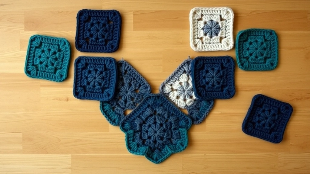 A flat lay of teal, cream, navy, and slate grey granny squares arranged diagonally to form a V-neck cardigan front panel.