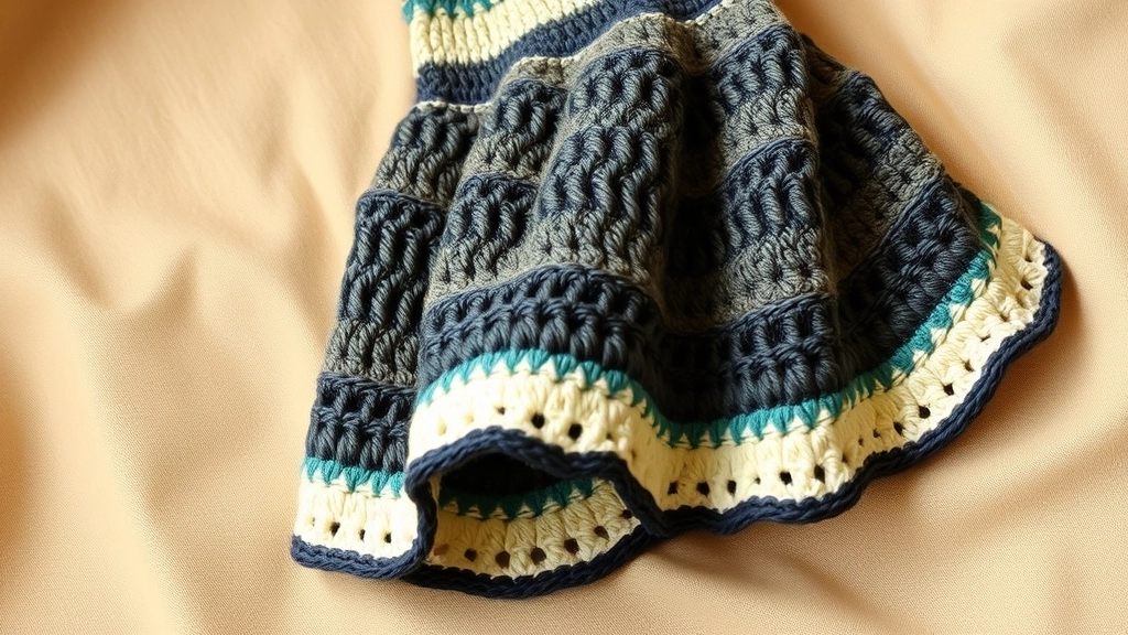 Close-up of a crocheted bell sleeve showing a dramatic flare and a cream scalloped edge with a thin navy blue border.