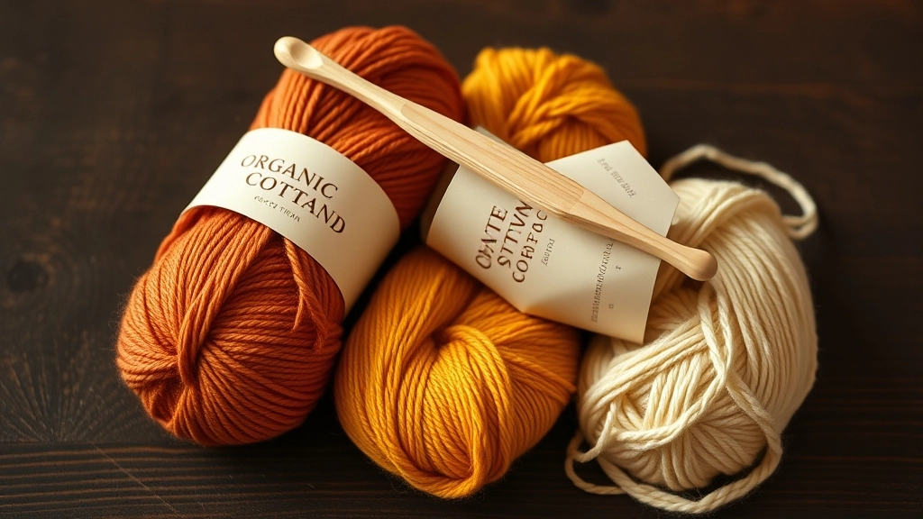 Skeins of organic cotton yarn in terracotta, mustard yellow, and warm cream arranged together.