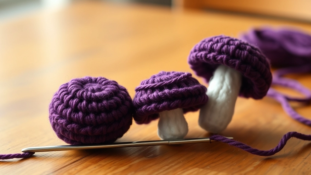 Three small, 3D crocheted purple mushrooms stuffed with fiberfill sitting on a wooden table next to a yarn needle.