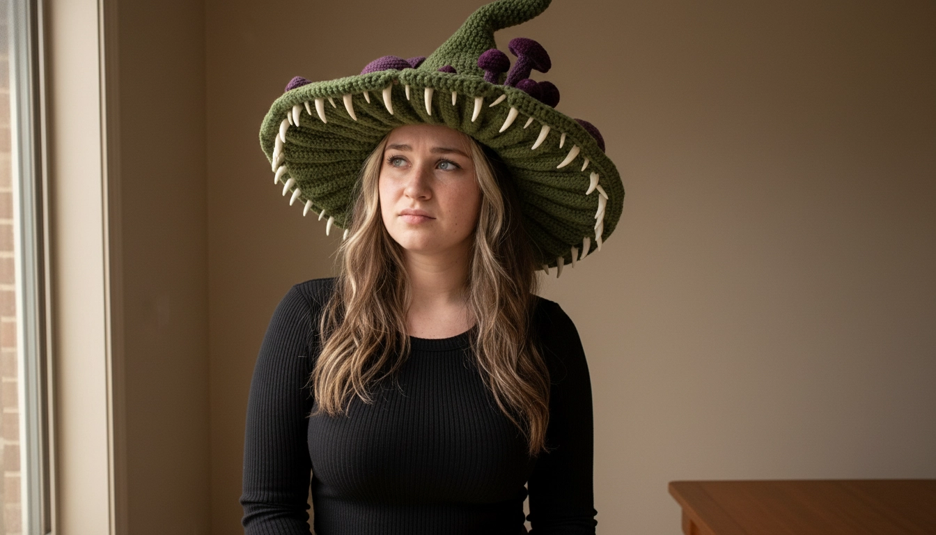 A person wearing the completed dark green crocheted monster hat styled with a minimalist black ribbed top.
