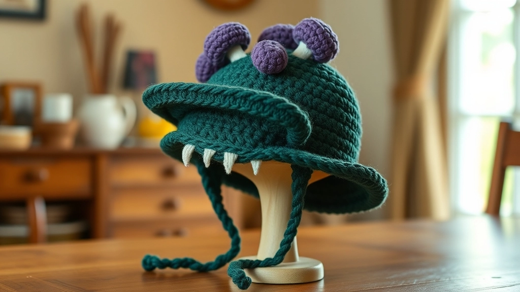 A completed dark green crocheted monster hat with white teeth and purple mushrooms displayed on a simple wooden stand.