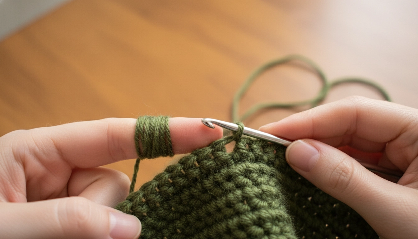 Close-up of a crocheter's hands pulling dark green wool tightly with a small silver crochet hook to create stiff, sculptural stitches.