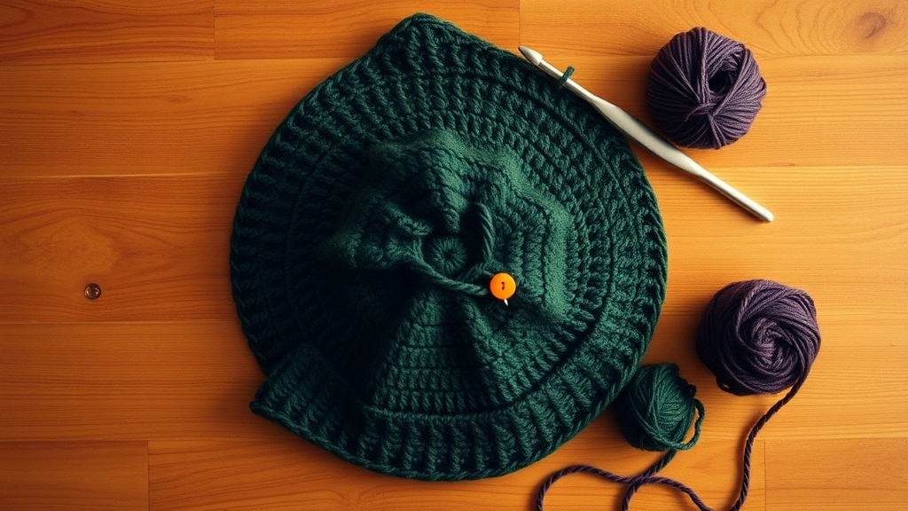 A flat lay of a work-in-progress dark green crocheted hat crown, a stitch marker, a crochet hook, and skeins of green and purple yarn.