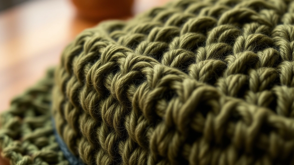 Macro shot of dense, dark green single crochet stitches worked in the back loops, creating a rigid structural ridge.