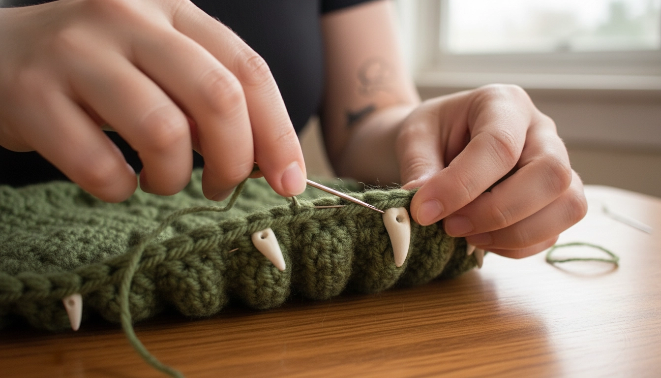 Hands pinning and sewing white polymer clay fangs to the underside of a dark green crocheted hat brim.