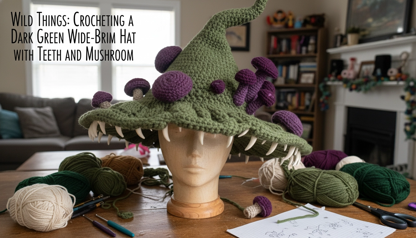 An authentic, homemade photo of the completed project: Wild Things: Crocheting a Dark Green Monster Wide-Brim Hat with Teeth and Mushrooms.