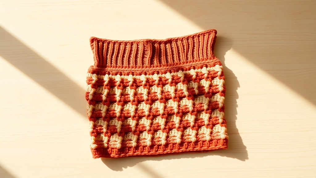 A finished strapless crochet bandeau top in a sunset color gradient, showing the ribbed top band.