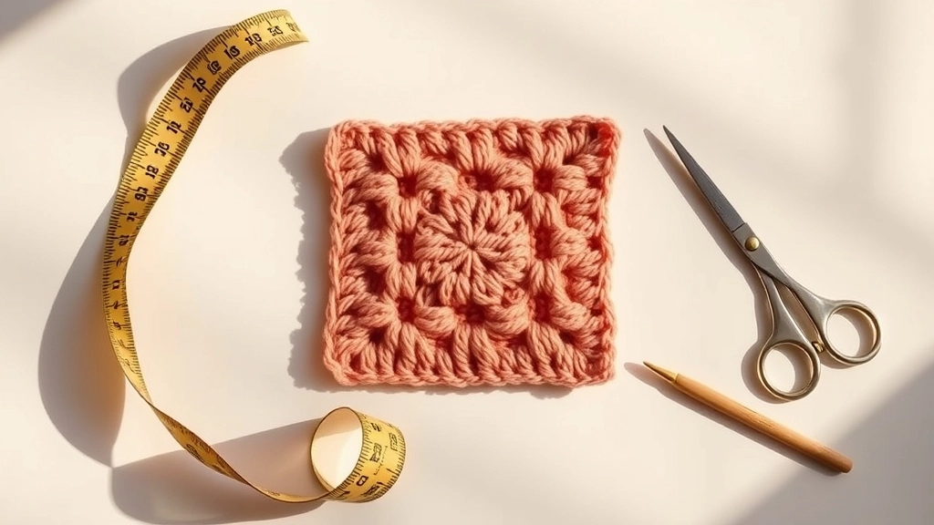 A small crochet swatching project of the rose and peach bubble-stitch pattern next to a tape measure and scissors.