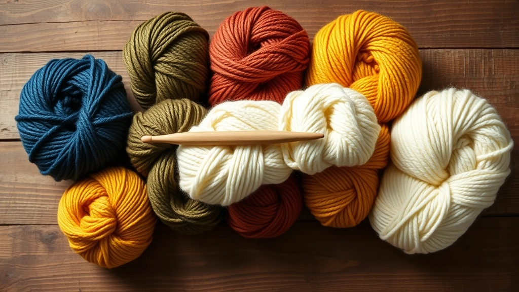 Six skeins of premium organic cotton yarn in blue, rust, olive, mustard, cream, and white arranged on a table.