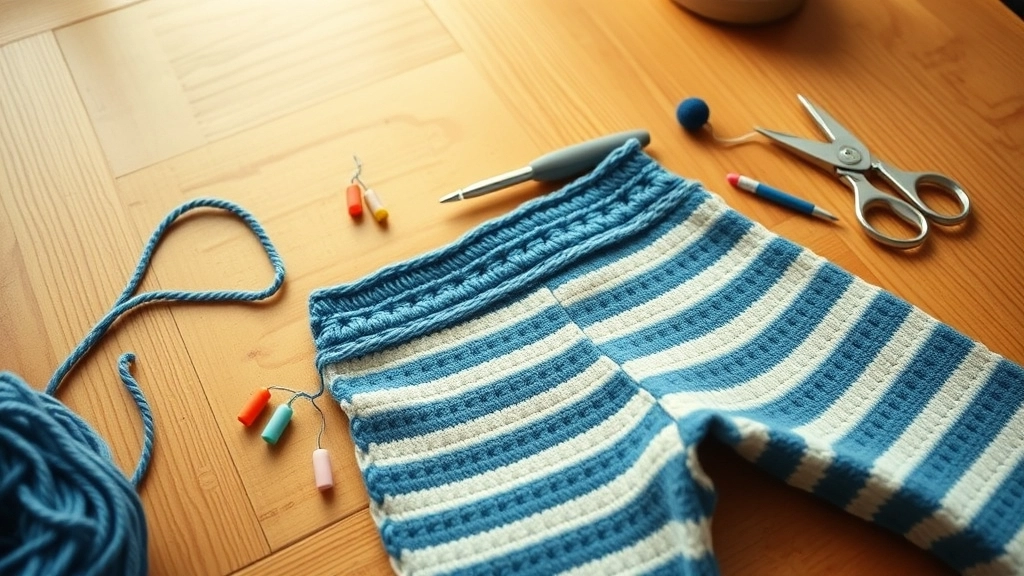 A crocheted waistband and upper body work-in-progress with a 4.0 mm hook, stitch markers, and a tapestry needle.