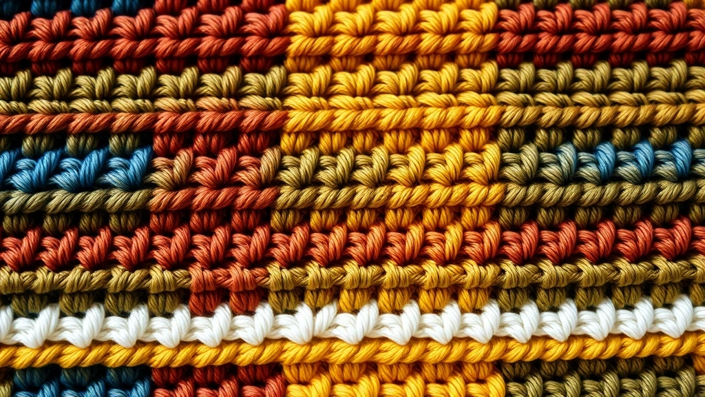Close-up of crocheted stripes showing two-row sequences of blue, rust, olive, mustard, cream, and white.