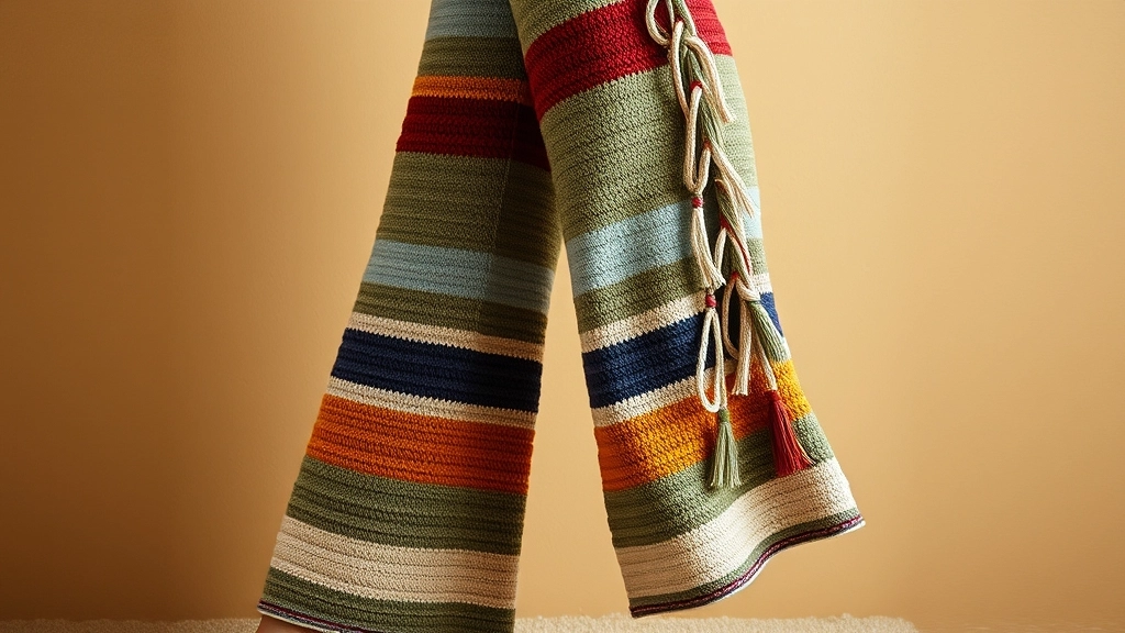 The leg of a pair of striped crochet pants showing the fitted knee area transitioning into a dramatic bell flare.