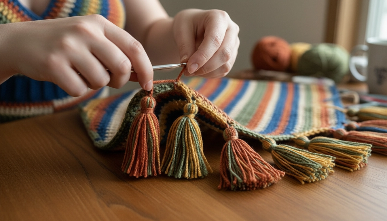 Hands using a crochet hook to loop and knot yarn strands into the side seam of a crocheted garment.