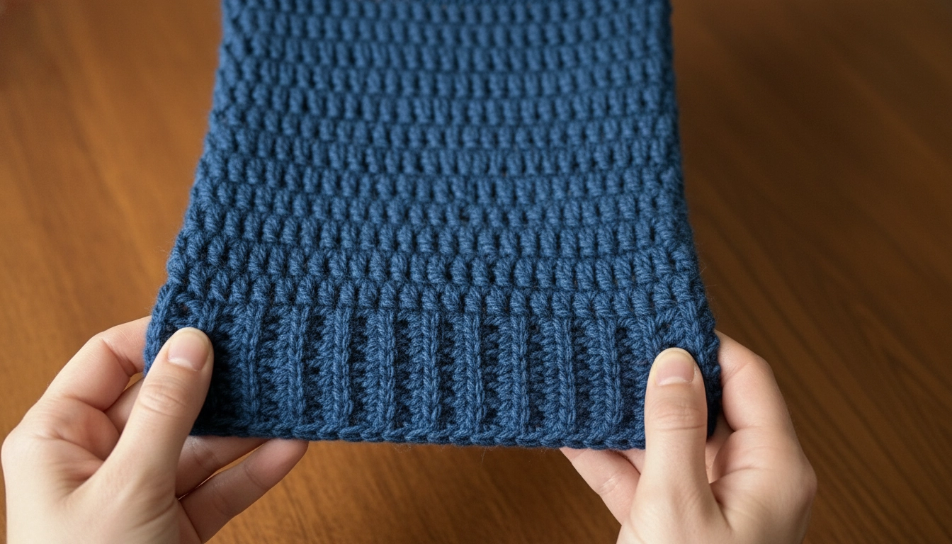 Detailed close-up of a tight ribbed crochet waistband transitioning into half double crochet rows.