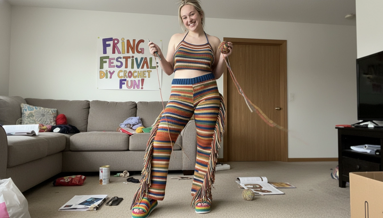A flat lay of the finished Fringe Festival: Crocheting Multicolor Stripe Flare Pants with Side Tassel Fringe on a wooden floor with yarn balls.