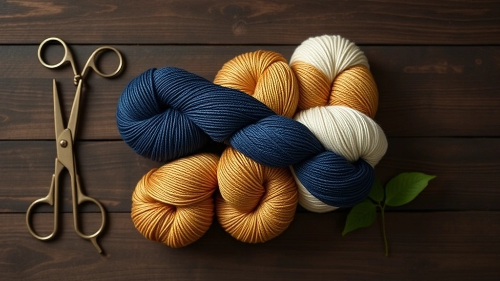Skeins of premium navy, gold, and cream mercerized cotton yarn on a wooden surface.