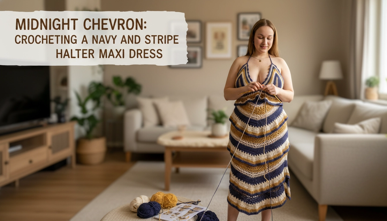 Midnight Chevron: Crocheting a Navy and Gold Chevron Stripe Halter Maxi Dress