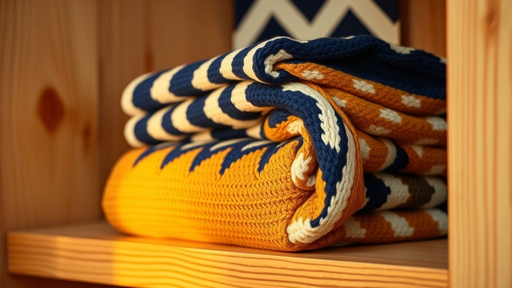 Neatly folded navy, gold, and cream chevron crochet dress resting on a wooden shelf.