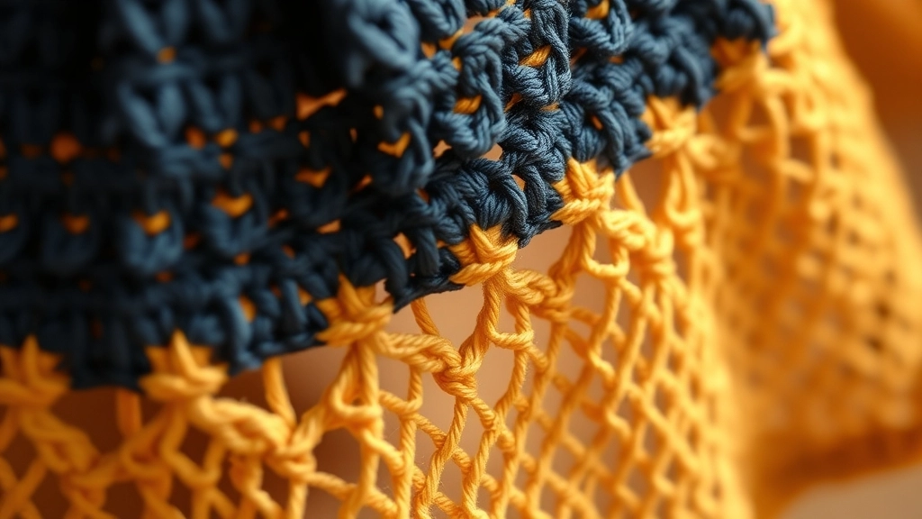 Close-up of alternating dense crochet rows and open-weave mesh rows in a chevron pattern.
