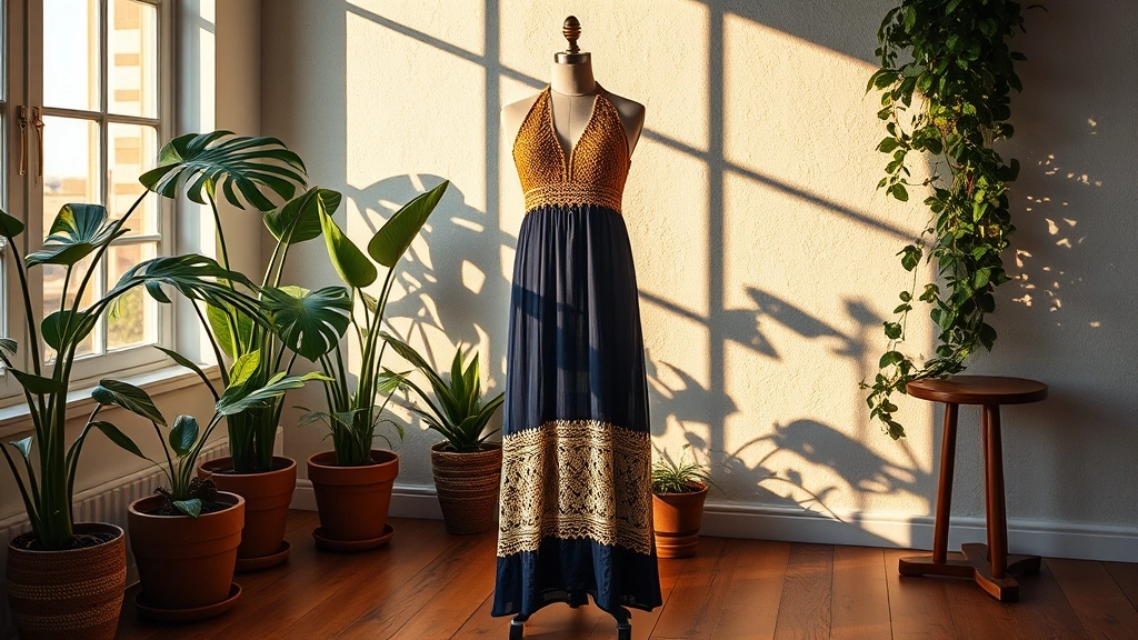 Crocheted navy and gold halter maxi dress displayed in a bohemian-style room with lush green plants.