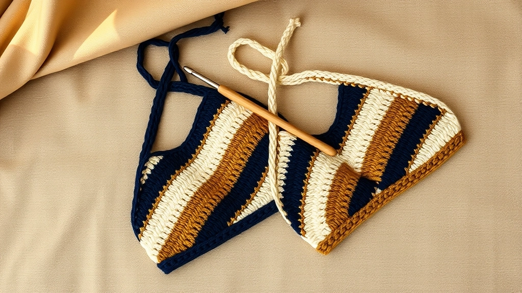 Two completed striped crochet halter cups resting side-by-side on a neutral background.