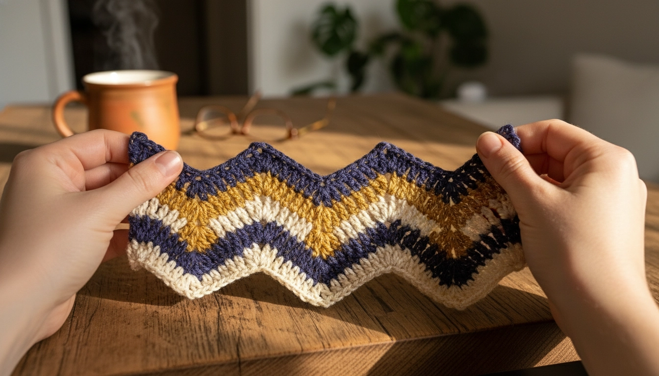 A close-up of a crocheted chevron stitch swatch in navy and gold yarn showing peaks and valleys.
