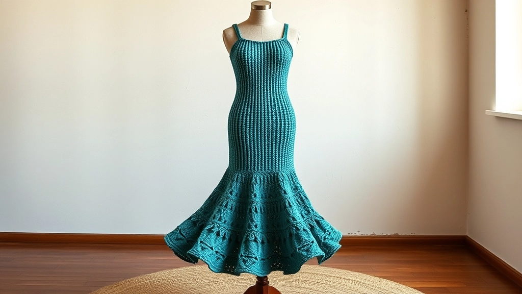 A full-length view of a completed teal ribbed crochet strapless mermaid maxi dress on a simple fabric mannequin.