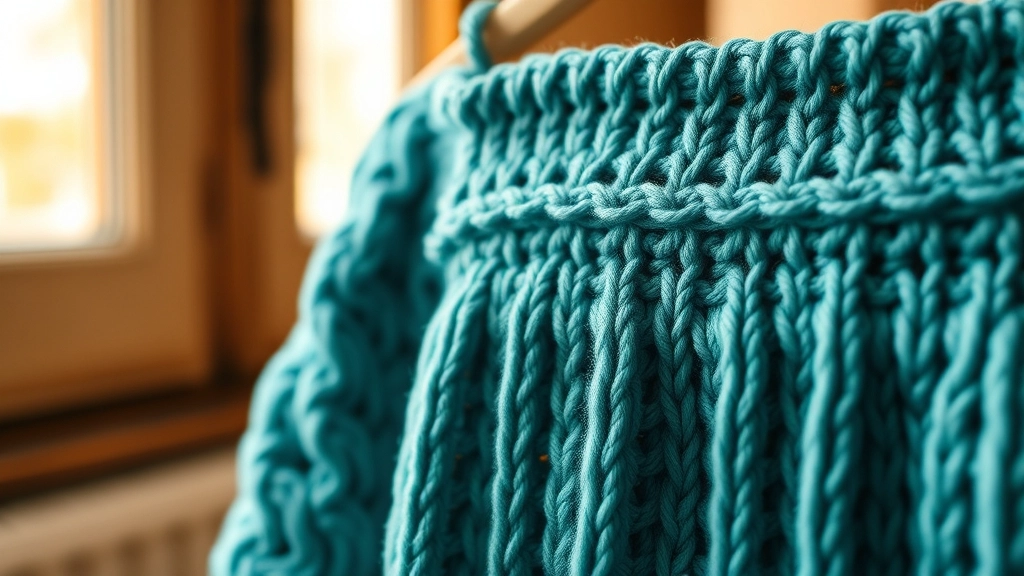 A close-up of the upper bodice of a strapless teal crochet dress, showing the structured, tighter ribbing.