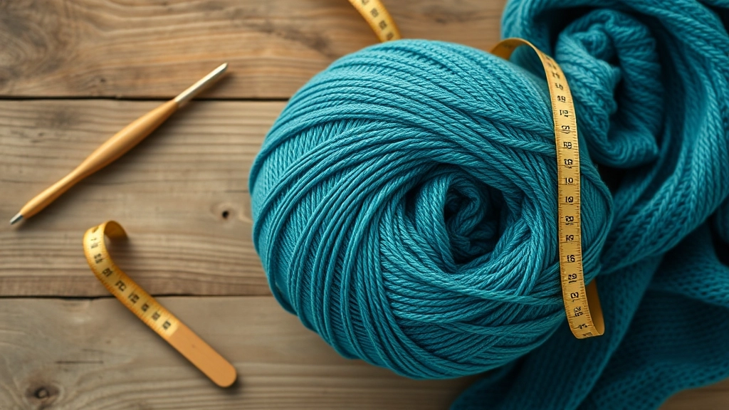 A large cone of premium organic cotton yarn in deep teal next to a crochet hook and measuring tape.