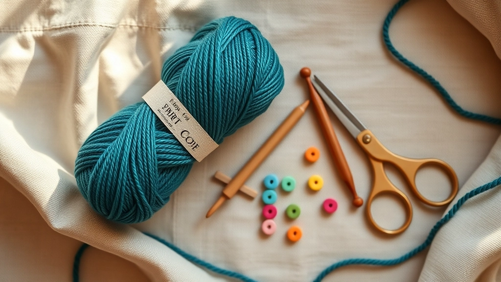 A flat lay of teal yarn skeins, crochet hooks, stitch markers, and scissors on a linen background.