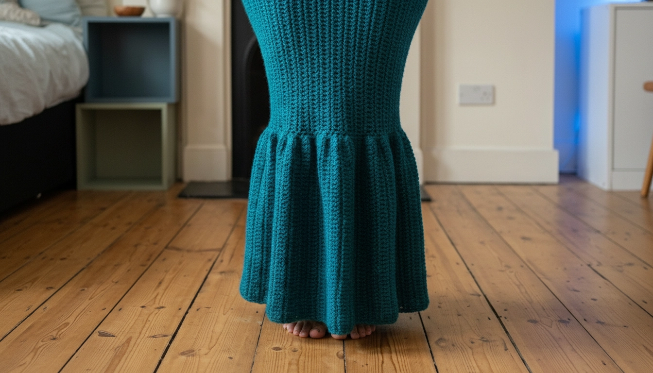 A low-angle shot of a person wearing the teal crochet mermaid dress barefoot on light hardwood floors.