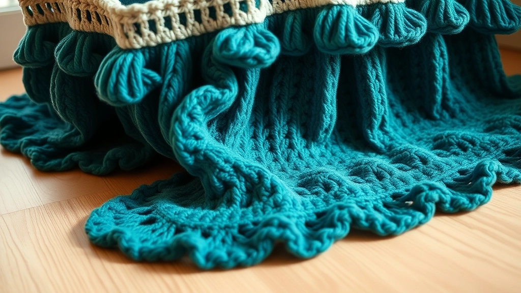 A close-up of the dramatic shell-stitch ruffle hem of a teal crochet dress cascading onto the floor.