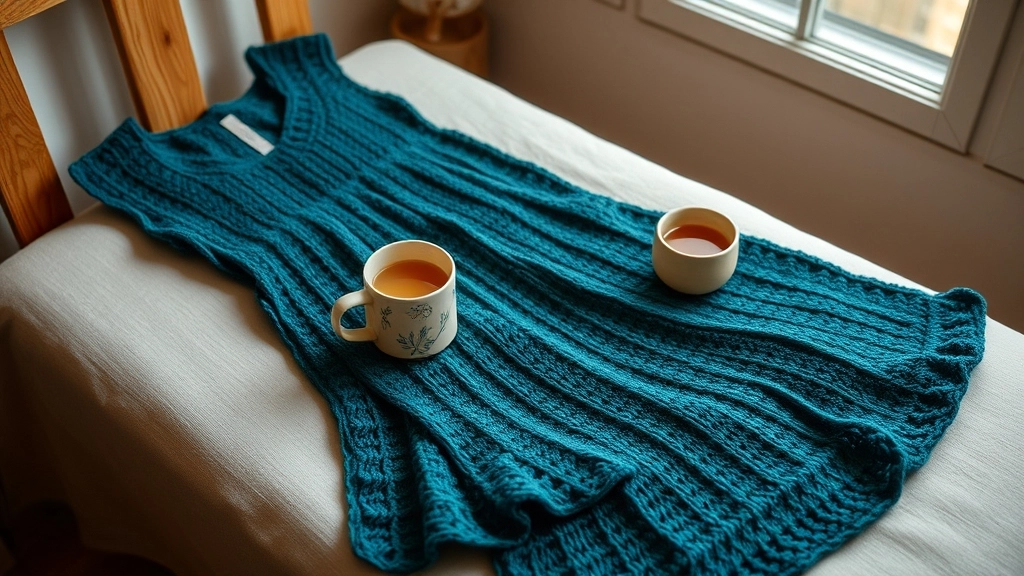 A folded teal crochet dress resting on a wooden bench next to a ceramic mug of tea.