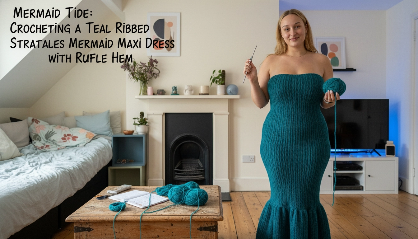 A homemade, amateur-style photo of the Mermaid Tide: Crocheting a Teal Ribbed Strapless Mermaid Maxi Dress with Ruffle Hem hanging gracefully on a wooden hanger.