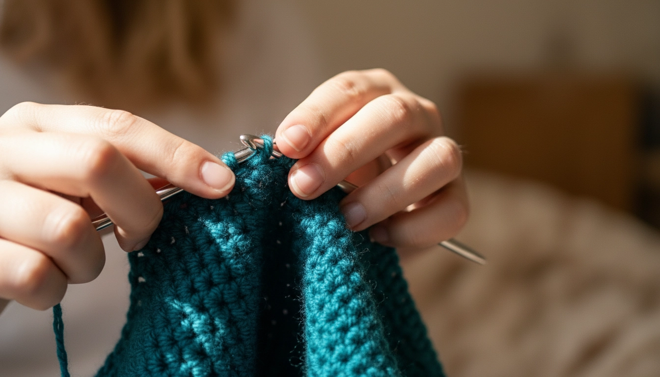 A close-up of hands crocheting a ribbed teal fabric in the round, showing the elastic stitch texture.