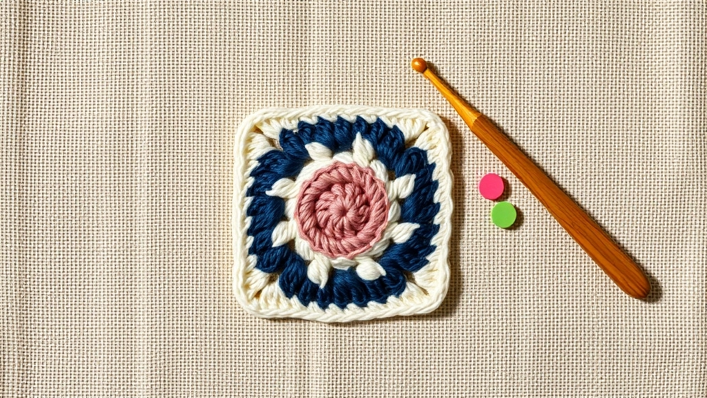 A single completed granny square motif for the Midnight Garden crochet maxi dress pattern with a crochet hook.