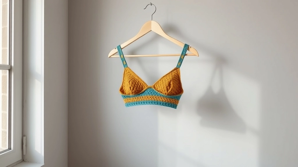A crocheted bralette hanging on a wooden hanger against a plain white wall in soft natural light.