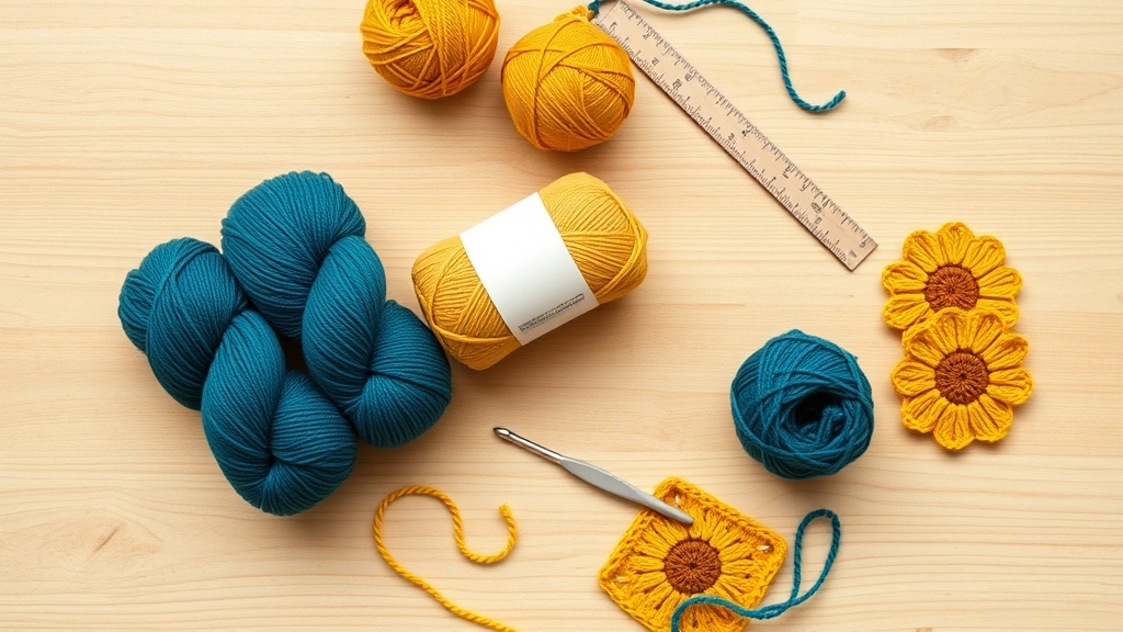 Skeins of teal and gold cotton yarn next to a crochet hook and finished granny squares for the Sunflower Fields project.