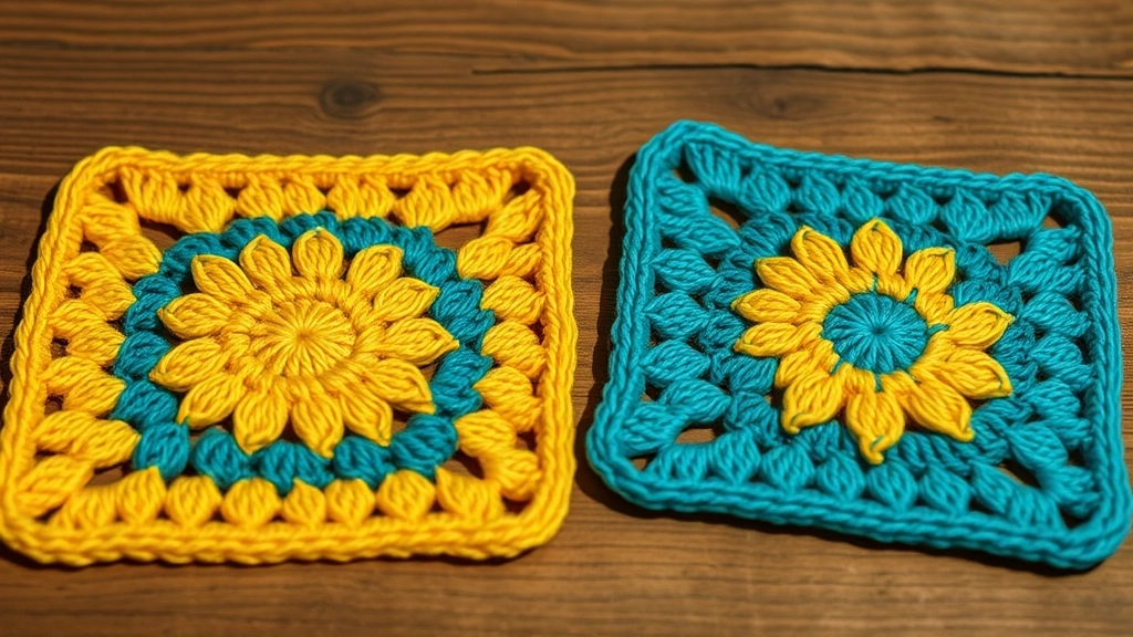 Two crocheted granny squares side-by-side showing color inversion with teal and gold.