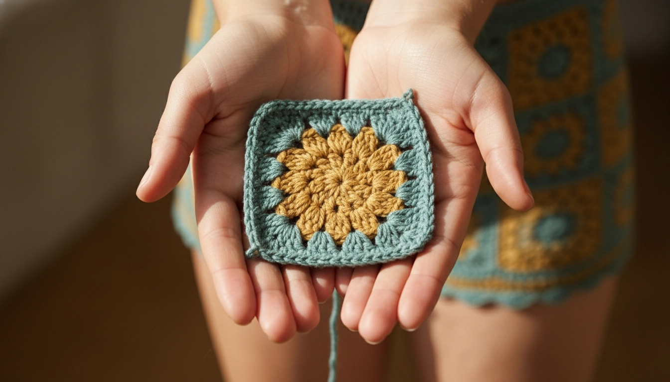 A pair of hands holding a completed teal and gold crochet sunflower granny square.