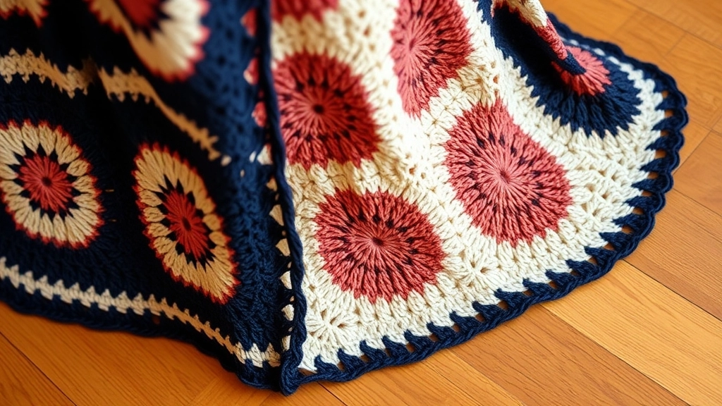 Close-up of the high side slit on a navy and rose granny square maxi dress, showing the clean single crochet border.